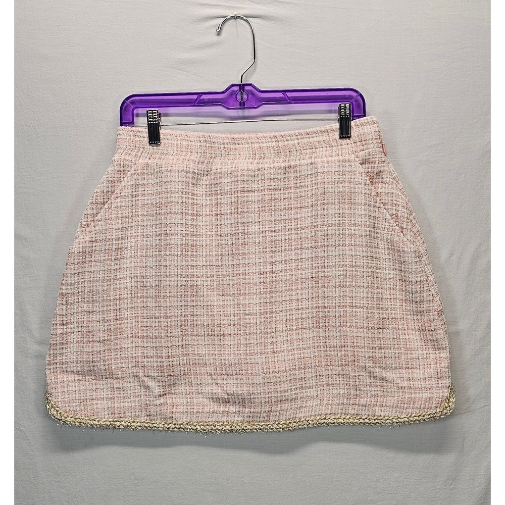 SYS The Label Pink Tweed Boucle Mini Skirt Gold Fringe Trim Women's Medium